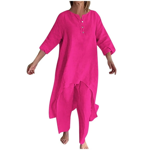 BXINGOHAI Womens plus size 2 Piece Sets Fashion Button Up Outfits Long Sleeve Crewneck Shirts and Elastic Waist Long Pants outdoor casual set Today Sales Hot Pink,XL