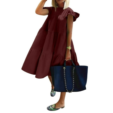 Dresses For Women 2025 Elegant Classy  Tank Dress Casual Crew Neck Ruffle Flutter Sleeve Classy Plus Size Mini Dress Womens Shoes Casual Ruched Dresses Formal Dresses (XL  Wine) ZMTing