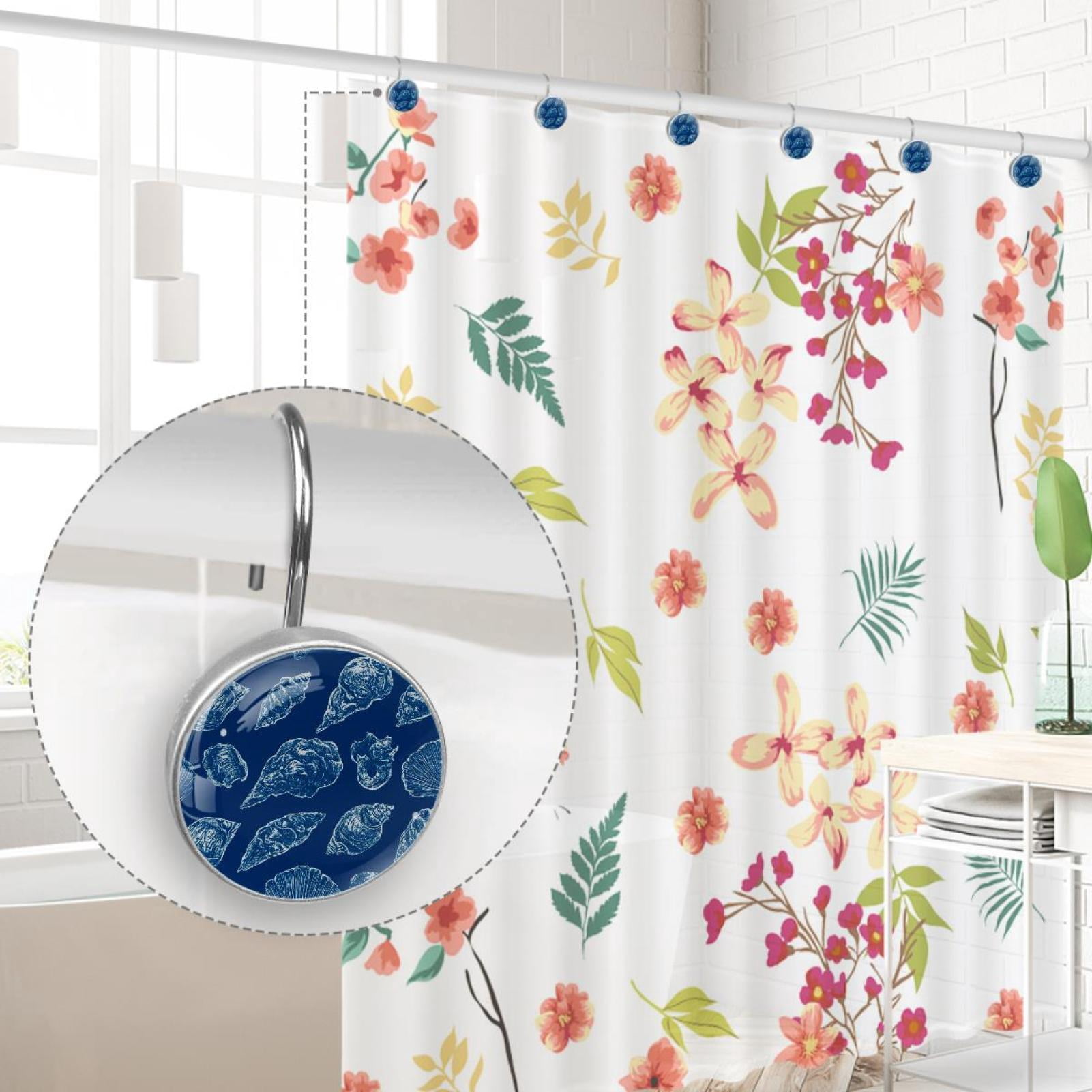 Sea Conch Pattern on Blue Shower Curtain Hooks Round Crystal Glass, Set of 12 Shower Curtain Rings - Shower Hooks for Curtain Shower Rings