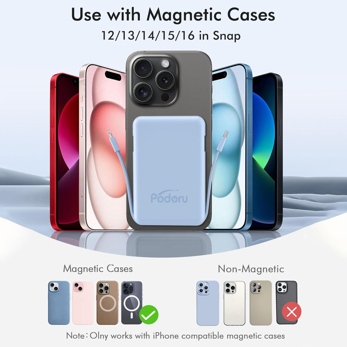 Podoru Wireless Portable Charger, 10000mAh Magnetic Power Bank Built-in USB C Lighting Cables 22.5W PD Fast Charging LED Display Battery Pack for for iPhone 16/15/14/13/12 - Blue