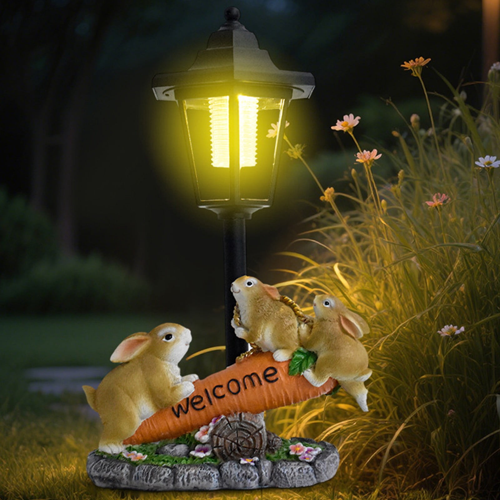 Outdoor Rabbit Garden Statues with Solar Lantern Flowerpot- Bunny Figurine Rabbit Decor for Home Lawn,Balcony Yard Art Garden Patio Decor,Unique Housewarming Birthday Gifts for Women Mom