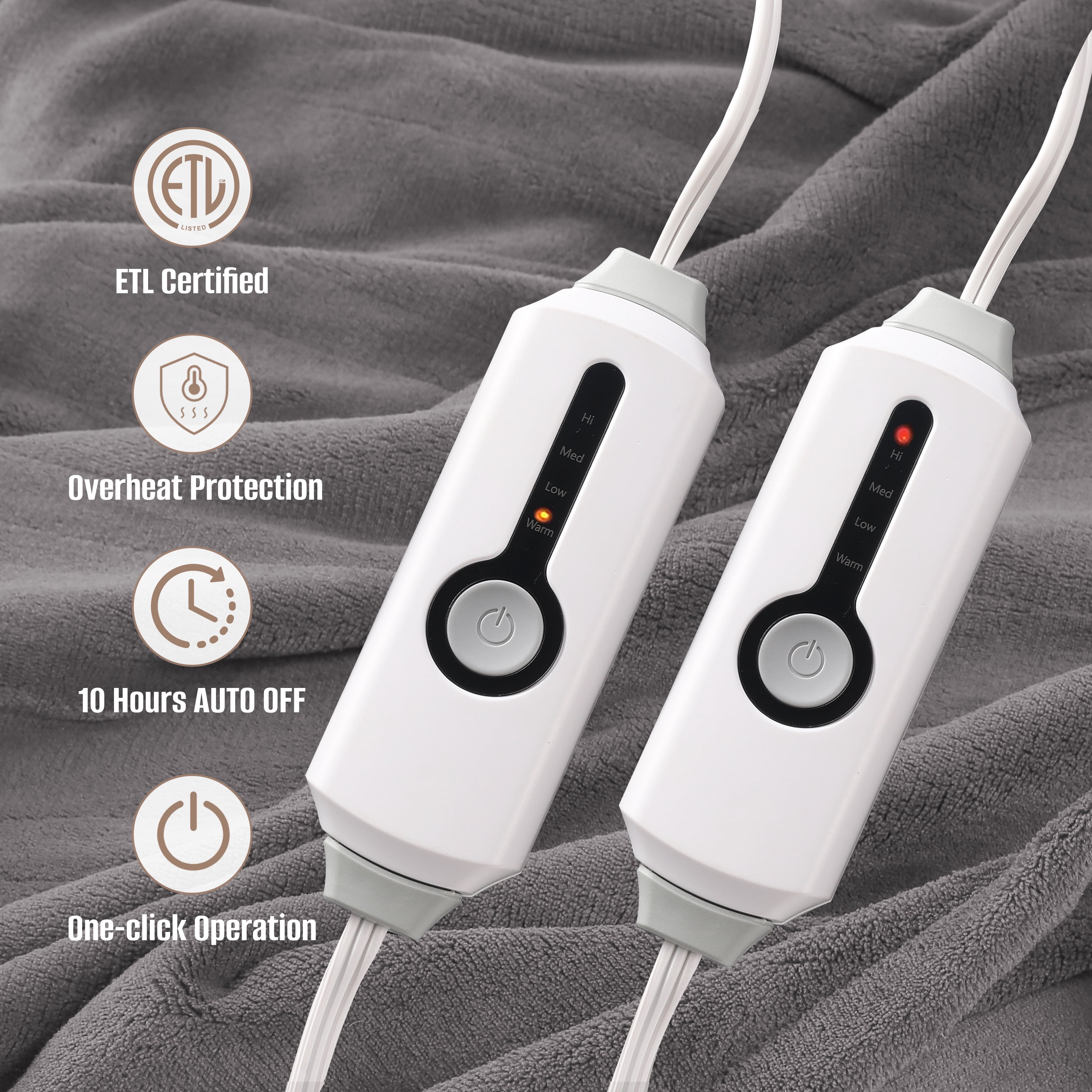 YAKEE Electric Heated Blanket 84"x90" Queen Size with Dual Control, 4 Heat Levels, 10-Hour Auto-off, Soft Coral Fleece, Overheat Protection, Gray