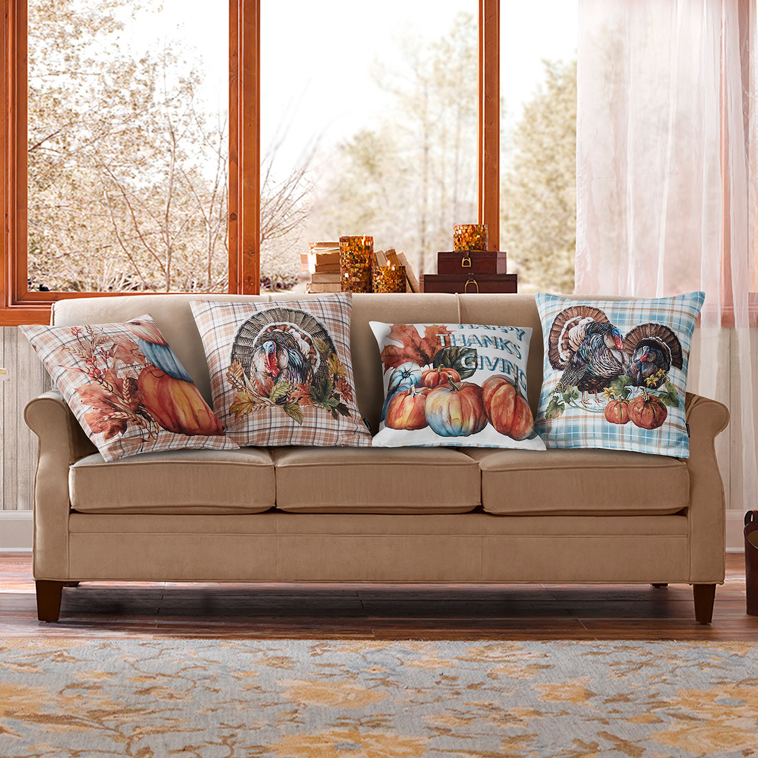 Autumn Series Printed Decorative Throw Pillow Covers for Thanksgiving, Blue Pumpkin, 18" x 18", Set of 4