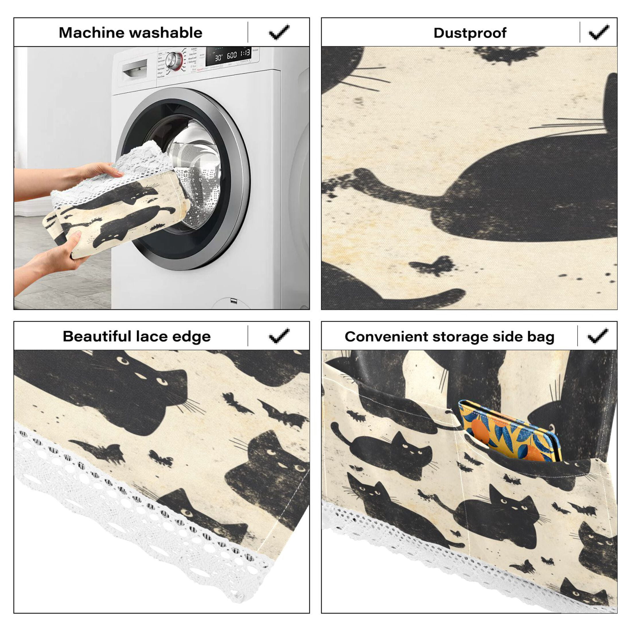 Black CatWasher and Dryer Covers Dust-Proof and Oil Resistant Fridge Cover with 4 Storage Pockets Washing Machine Top Cover for Laundry Kitchen Home 51.2 x 22 In
