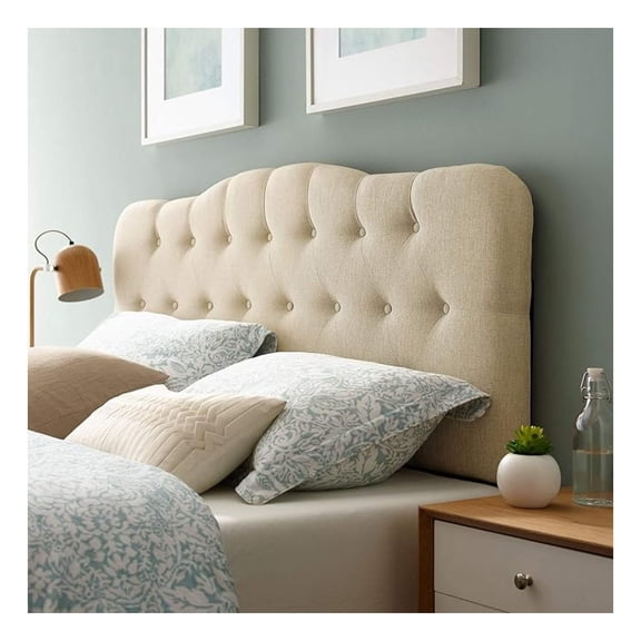 Annabel Tufted Button Linen Fabric Upholstered Queen Headboard in Beige