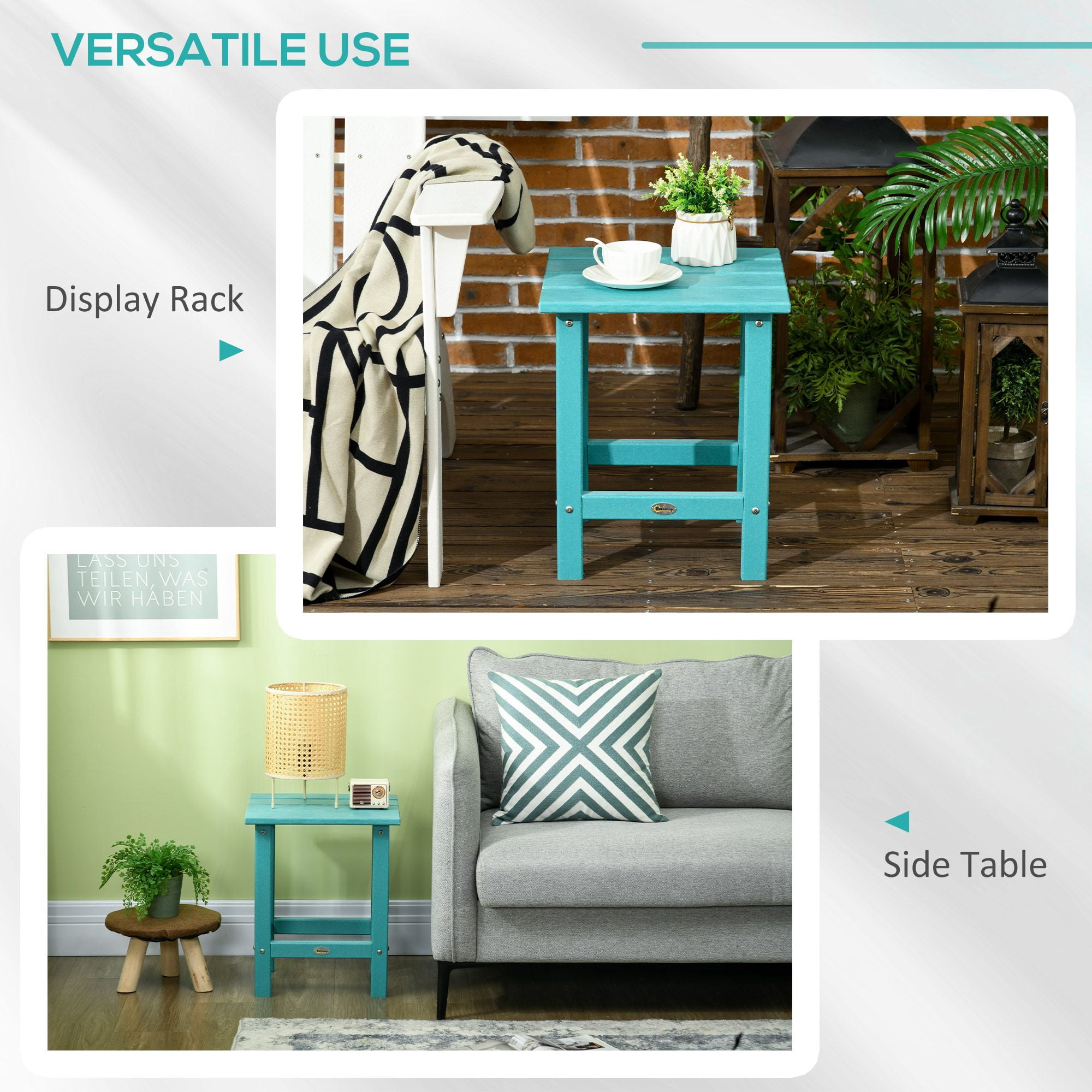 Outsunny 15" Square Outdoor Side Table, Weather-Resistant HDPE Plastic End Table for Adirondack Chairs, Patio, Backyard or Poolside, Slatted Design, Green, 15"L x 15"W x 18"H