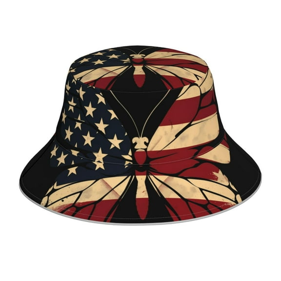 KLL Patriotic USA Butterfly Art Bucket Hat for Women Men Packable Travel Beach Sun Hat Outdoor Rave Accessories Reflective Fisherman Cap