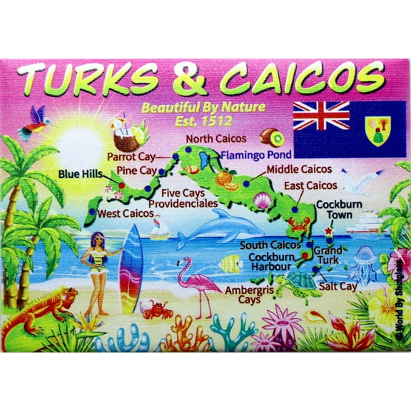 Turks & Caicos Graphic Map and Attractions Souvenir Fridge Magnet 2.5" X 3.5"