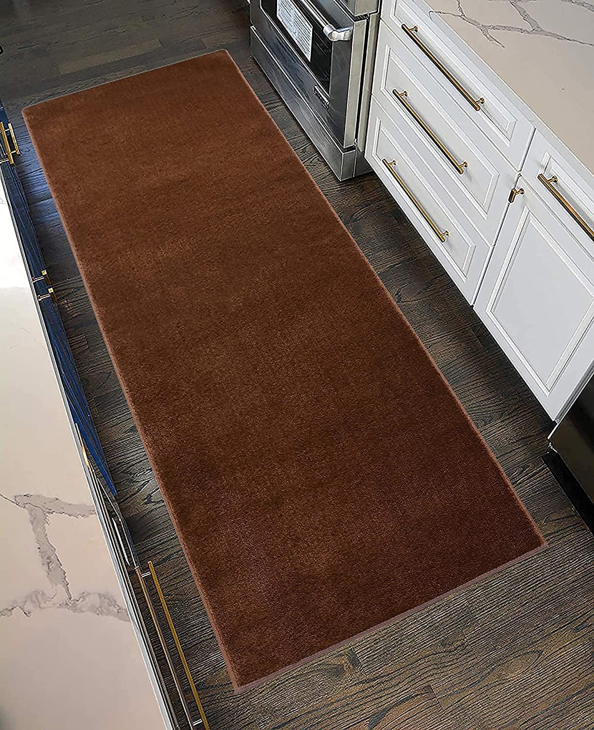 Machine Washable Custom Size Runner Rug Solid Copper Brown Color Slip