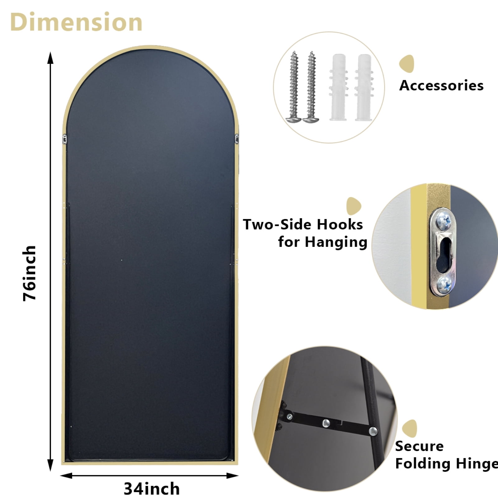 Mirrasia 76"x34" Arched Oversized Full Length Mirror Wall-Mounted Leaning Floor Mirror,Gold