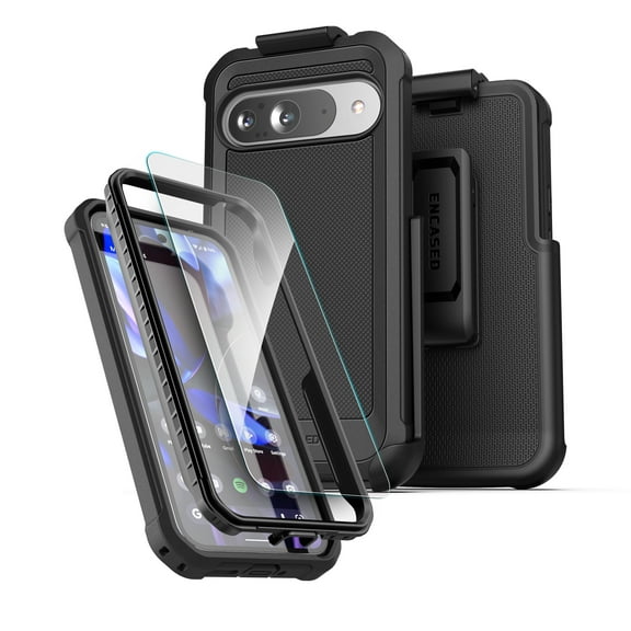 Encased Belt Case for Google Pixel 9 / Pixel 9 Pro (6.3") with Holster Clip (Falcon Shield) Ultra Protective Dual-Layer Cover with Tempered Glass Screen Protector (Black)