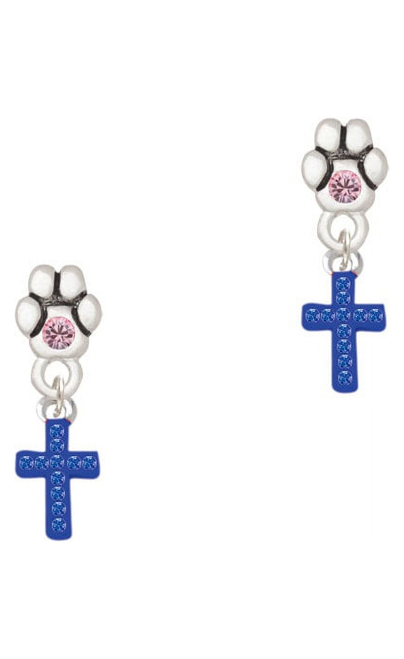 Small Blue Crystal Cross - Light Pink Crystal Paw Earrings