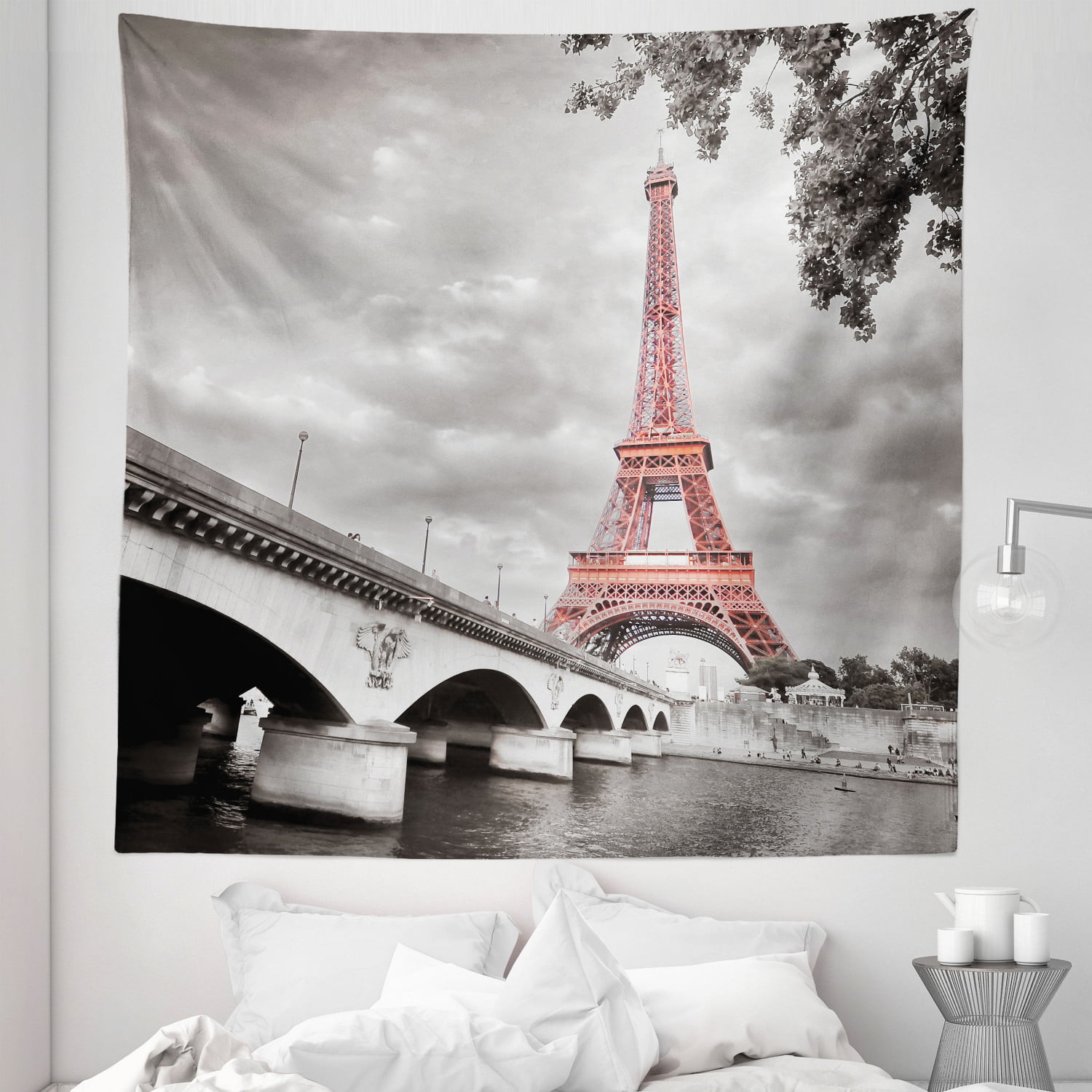 Eiffel Tower In Paris Couple Red Umbrella Tapestry Hanging Cloth Wall Hang Paint 