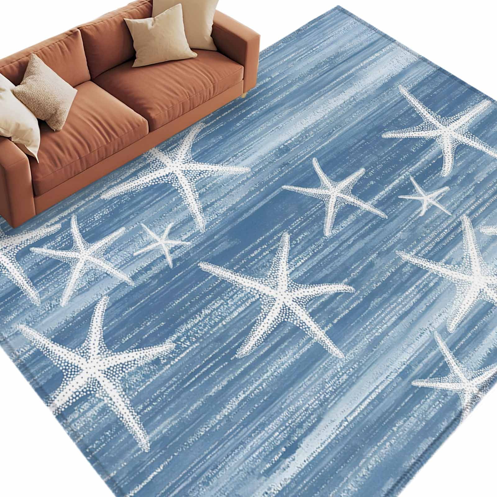 Rectangle Area Rugs 5 x 7 Ft, Blue Coastal Non-Slip Residential Carpet, Summer Ocean Waves Ombre Sea Starfish Indoor Crawling Mats Runner Rugs for Living Room/Dining Room/Bedroom