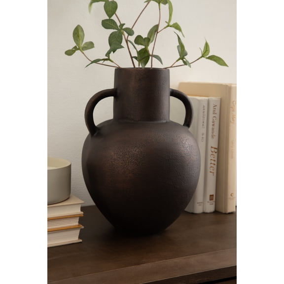 Kate and Laurel Lusila Vintage Metal Loop Handle Vase, 8 x 8 x 11, Bronze, Decorative Classic Cast Aluminum Tabletop Vase with Handles for Use as Dining Table Centerpiece
