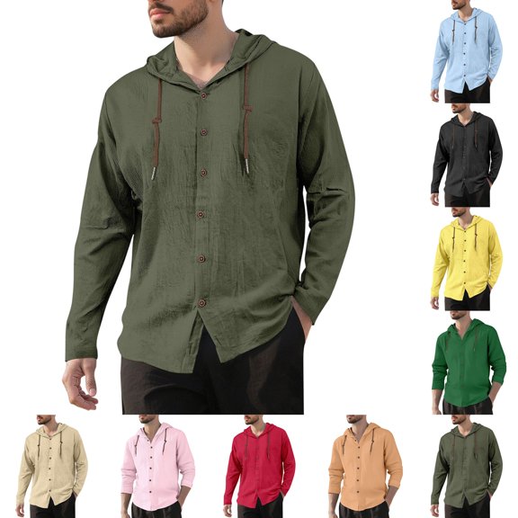 Men’s Hooded Long Sleeve T-Shirt Solid Color Cotton Linen Casual Spring Summer Top