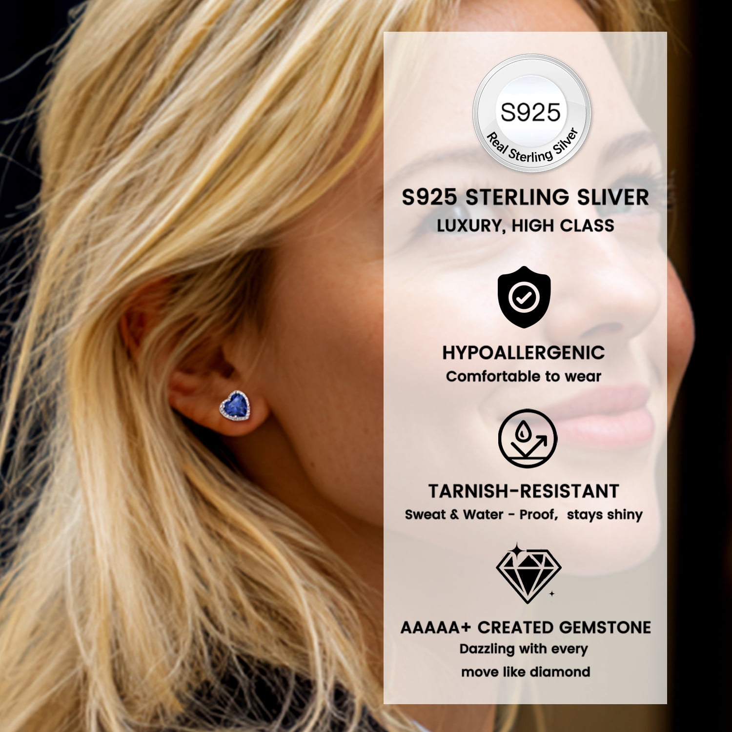 Bestyle Birthstone Stud Earrings for Women, Pure 925 Sterling Silver Heart Created Diamond Studs Earrings Wedding Graduation Birthday Gifts - September