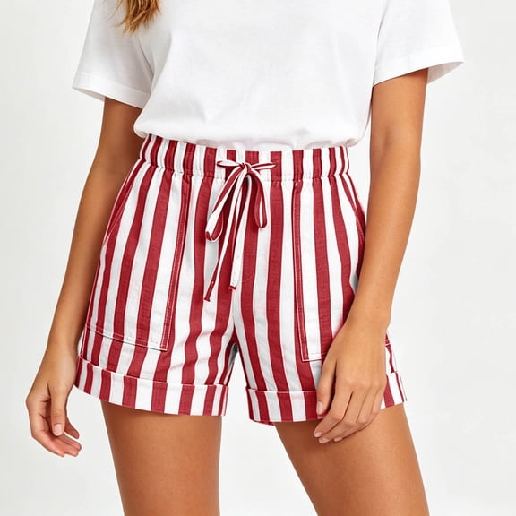 Pounoo Womens Shorts Elastic Waist Drawstring Stripe Print Rolled Hem Shorts Womens Casual Shorts Relaxed Fit Summer Wear Lightweight Womens Bottoms