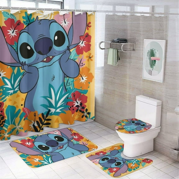 4 Piece Shower Curtain Set with Rugs Stitch Shower Curtain Bathroom Sets Decor Waterproof