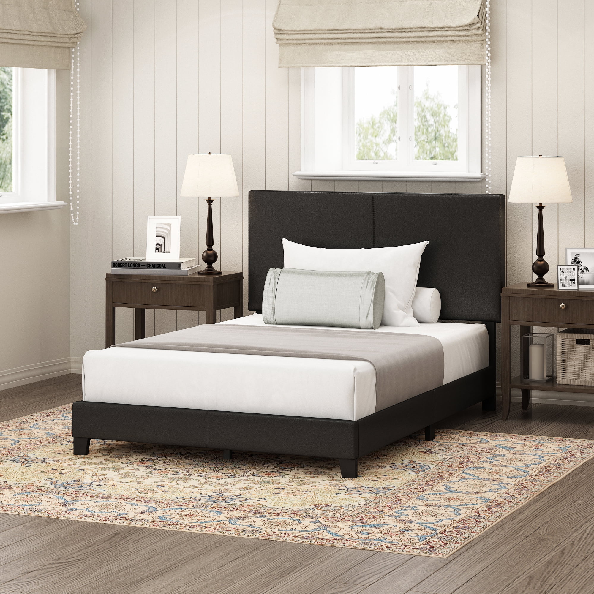 Furinno Pessac Upholstered Bed Frame, Black PU Leather, Full