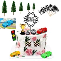 Racing Circuit Cake Decorations Kit, 38PCS DIY Car Topper Set with Flags and Trophy for Themed Birthday Party Supplies