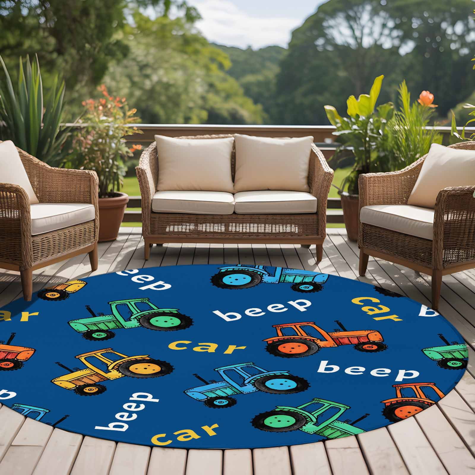 Cartoon Tractor Round Area Rug 8Ft Washable Large Circle Rugs for Living Room Dorm, Cute Beep Car Digger Shovel Truck Blue Non-Slip Carpet Floor Mats Indoor Outdoor Carpet Runner Aesthetic Home Decor