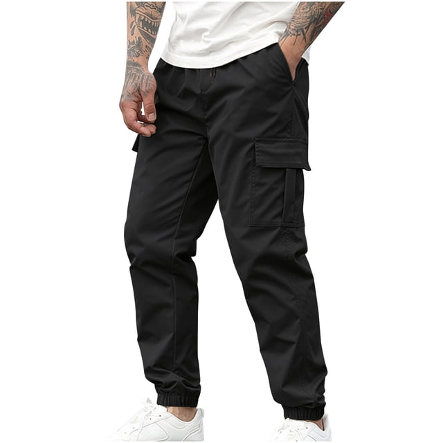 JMYHOAM Mens Pants Men's Casual Solid Pants with Drawstring and Multiple Pockets Small Leg Pants,S-XXL