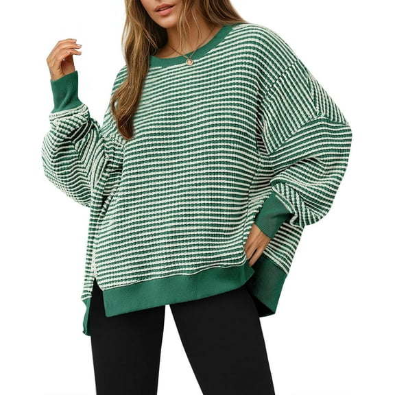 Women's Fall Oversized Sweatshirt Casual Waffle Knit Long Sleeve Crewneck Split Pullover Tunic Tops
