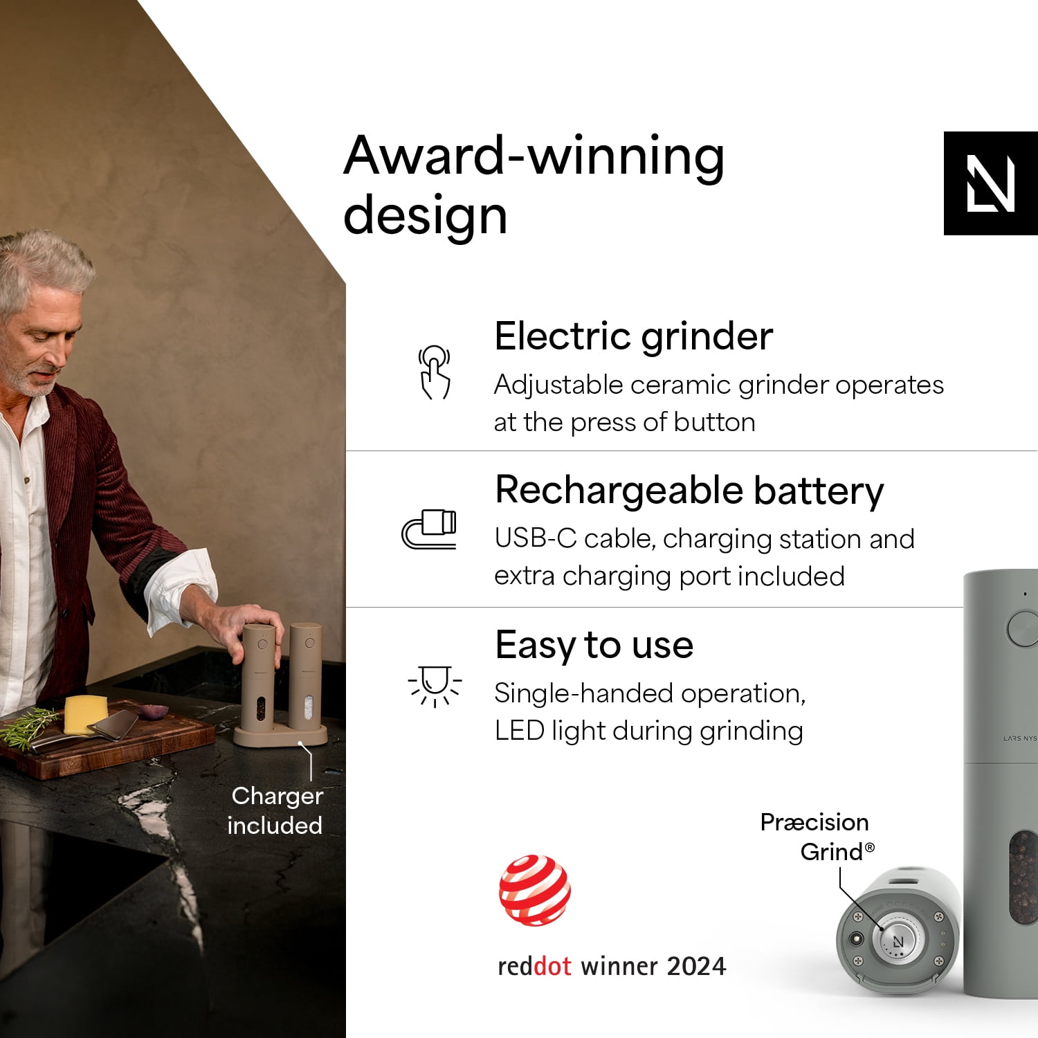LARS NYSØM Electric Salt and Pepper Grinder Set I Automatic Salt and Pepper Mills with Adjustable Ceramic Grinder I Usb Rechargeable Electric Spice Mill Set (Ash Gray)