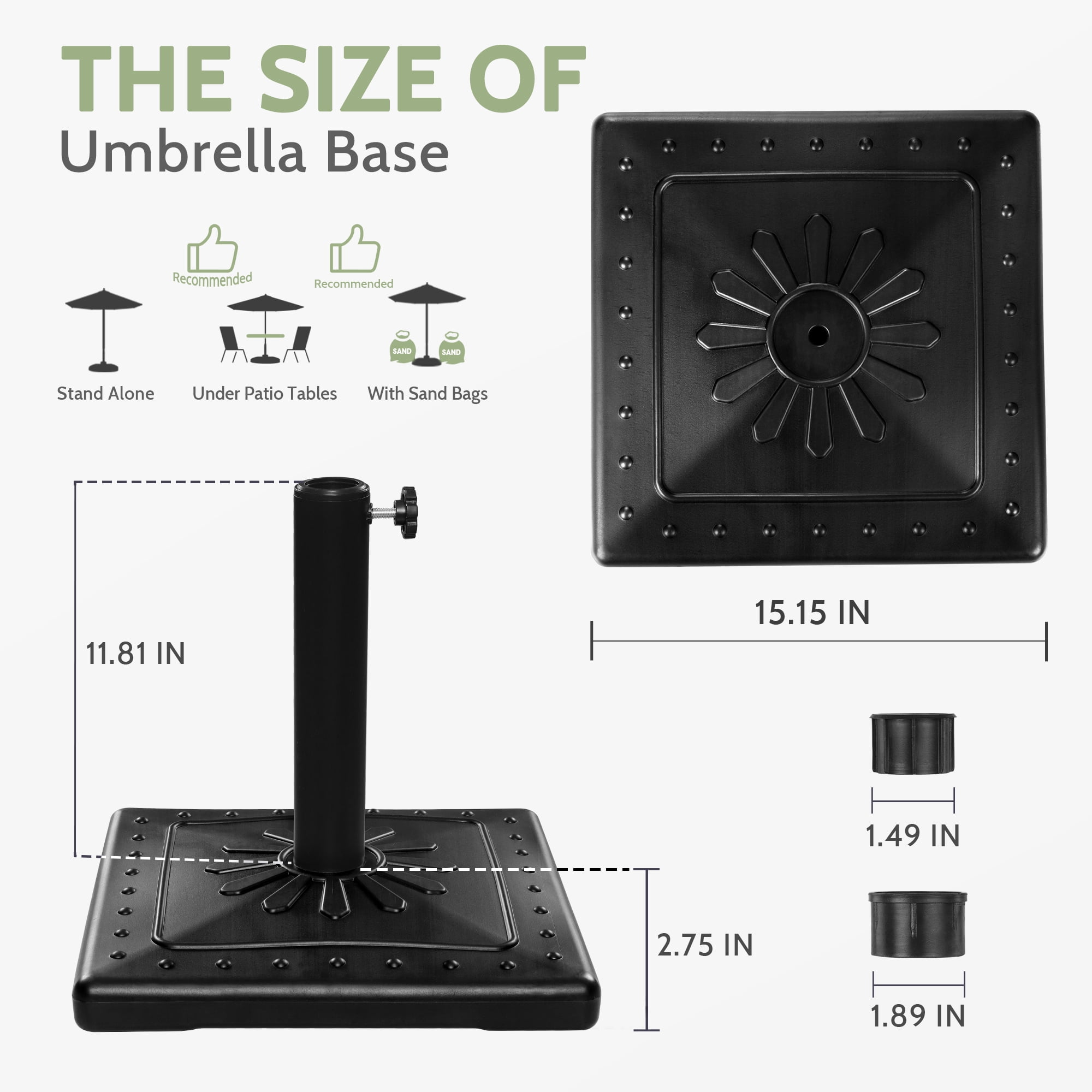 Scafild | 22-lbs SunFlower-Pattern Patio Umbrella Base, 15" Pre-Filled Square Patio Umbrella Stand, Heavy-Duty Market Patio Umbrella Base Stand (Black)