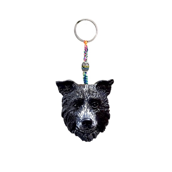 Border Collie Dog Head Pet Animal 3D Figurine Keychain Multicolored Macramé Metal Ring - Handmade Gifts Boho Car Keys Bag Accessories