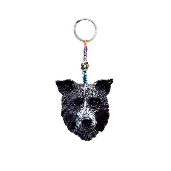 Border Collie Dog Head Pet Animal 3D Figurine Keychain Multicolored Macramé Metal Ring - Handmade Gifts Boho Car Keys Bag Accessories