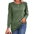 thumbnail image 3 of Top de manga larga con hombros plisados, cuello redondo, color puro, corte holgado, jersey informal para mujer para otoño invierno, verde M, 3 of 6