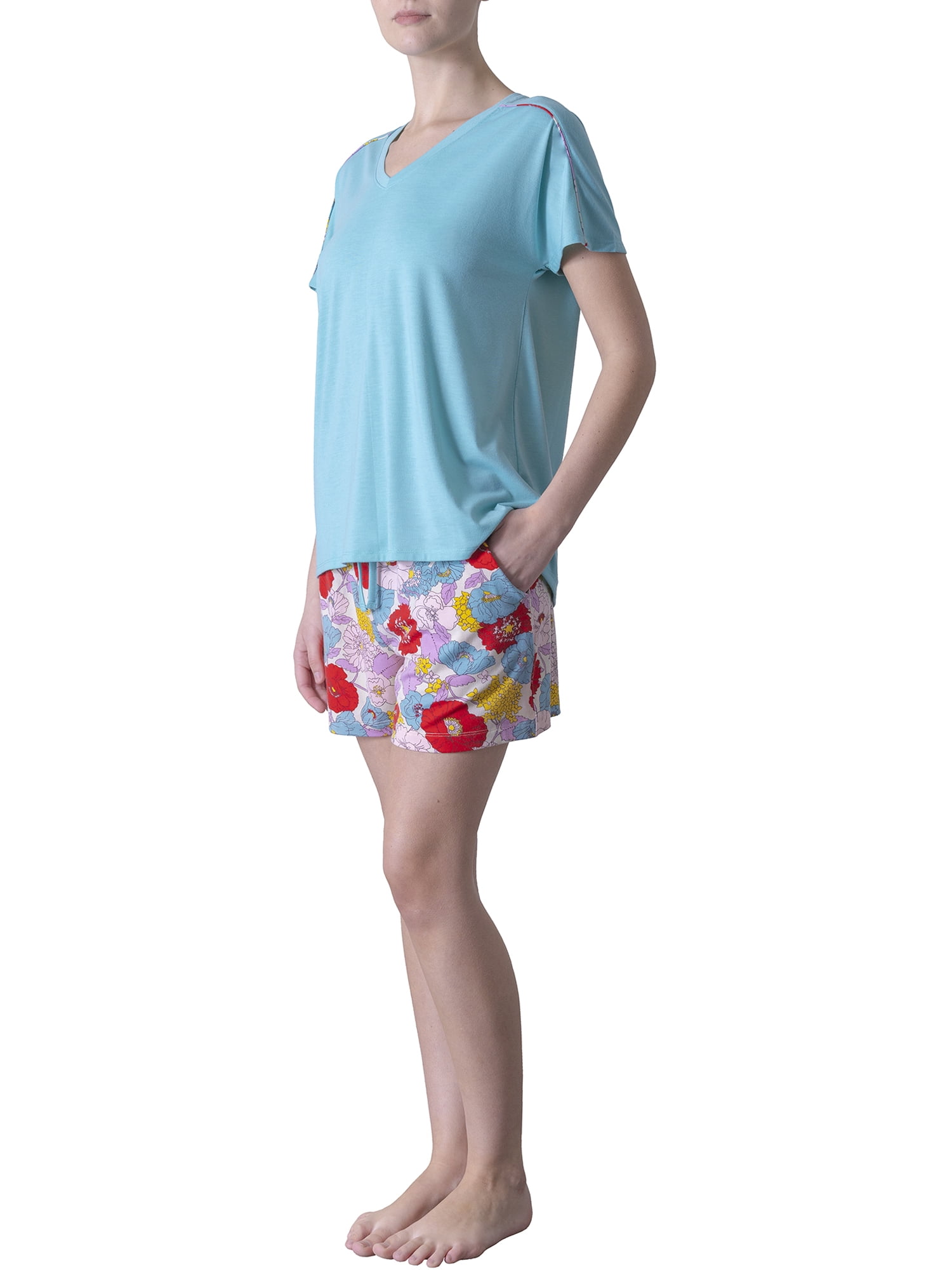 Natori XL V-Neck/Easy Care/Polyester 2pc Pajama Set, Green/Floral Print