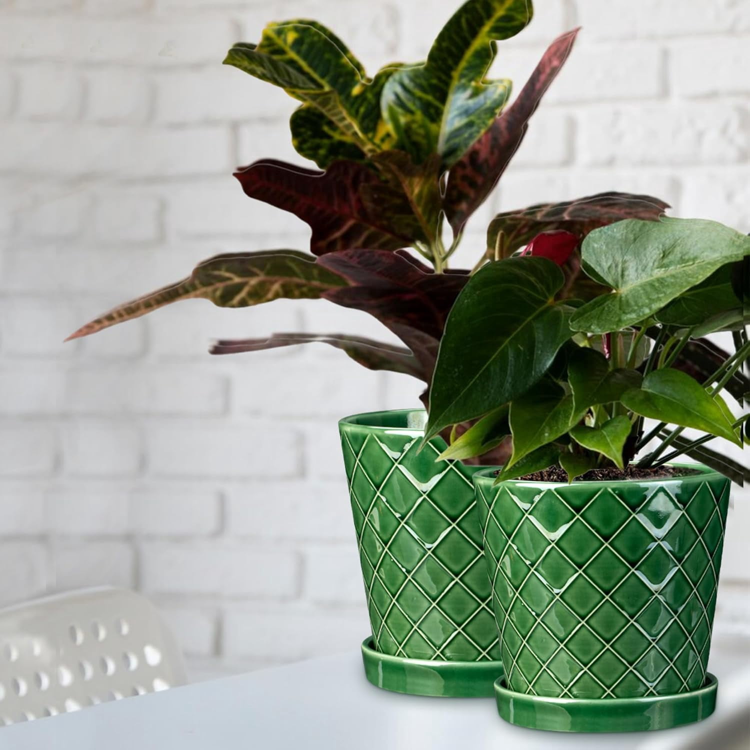 BUYMAX 4",5",6" Dia Planter Set of 3, Modern Style Ceramic Plant Pots with Drainage Hole and Tray for Indoor Outdoor Patio, Emerald Green