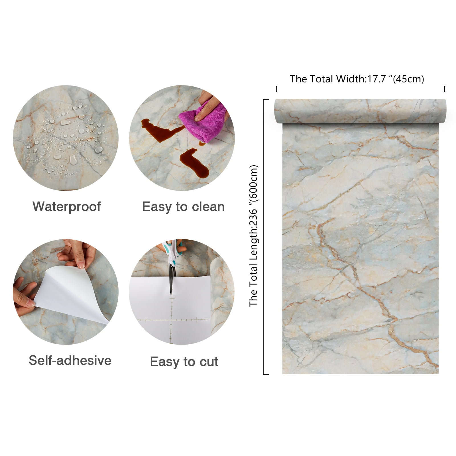 CHIHUT 17.7"×236" Glossy Marble Contact Paper for Countertops Waterproof Self-Adhesive Removable Marble Wallpaper for Walls Thick Vinyl Film Kitchen Peel and Stick Countertops Paper for Table Bathroom