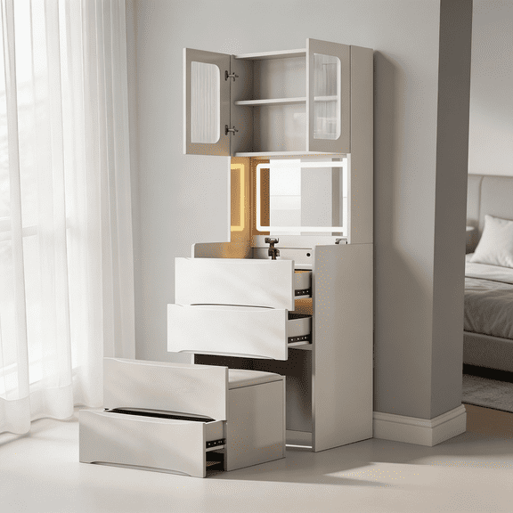 SAYGOGO 3-in-1 Vanity Table with LED Mirror & Storage Stool, Flip Top, 5 Storage Spaces for Bedroom