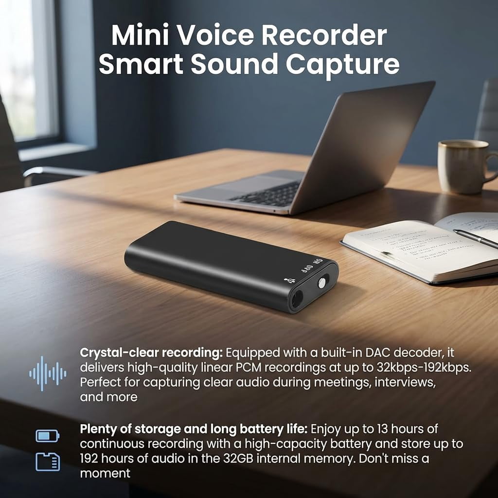 Mini Voice Recorder Smart Sound Capture AI Noise Reduction Digital Audio Recorder Voice Activated Recording Device for Meetings Interviews Lectures