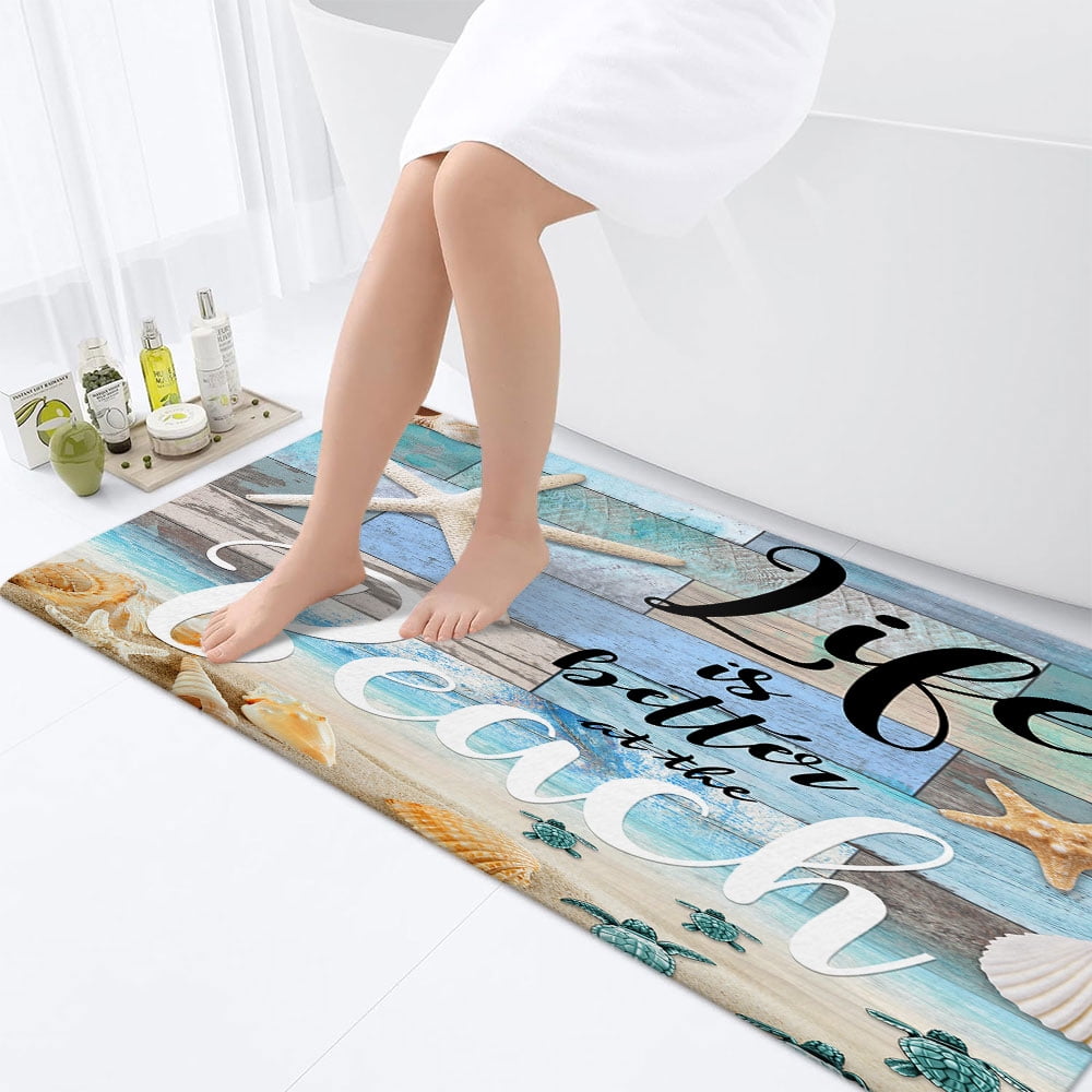 Beach Starfish Bath Rugs, Sea Shell Ocean Bathroom Rug Mat,Washable Cover Floor Rug Carpets Floor Bath Mat Bathroom Decorations, Starfish Beach Bathroom Door Mat Rug Kitchen Rug(17"X48"Inch)