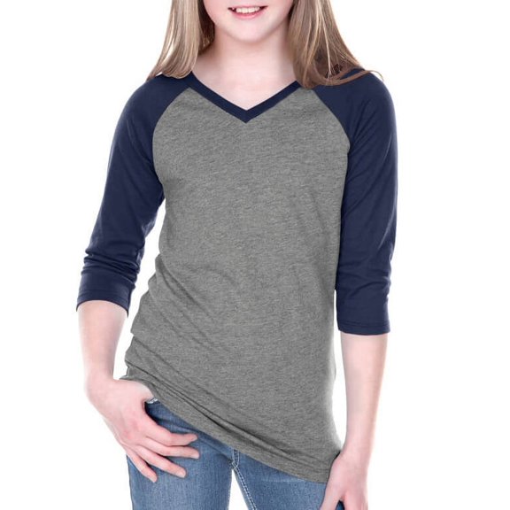 Kavio! Big Girls 7-16 Sheer Jersey Contrast V Neck Raglan 3/4 Sleeve Dark H.Gray/Navy S