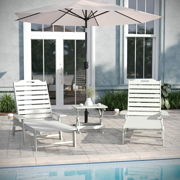 Emma Oliver White 3-Piece Indoor/Outdoor Set with 2 Poly Resin Adjustable Adirondack Loungers with Swivel Cup Holders and Folding Side Table