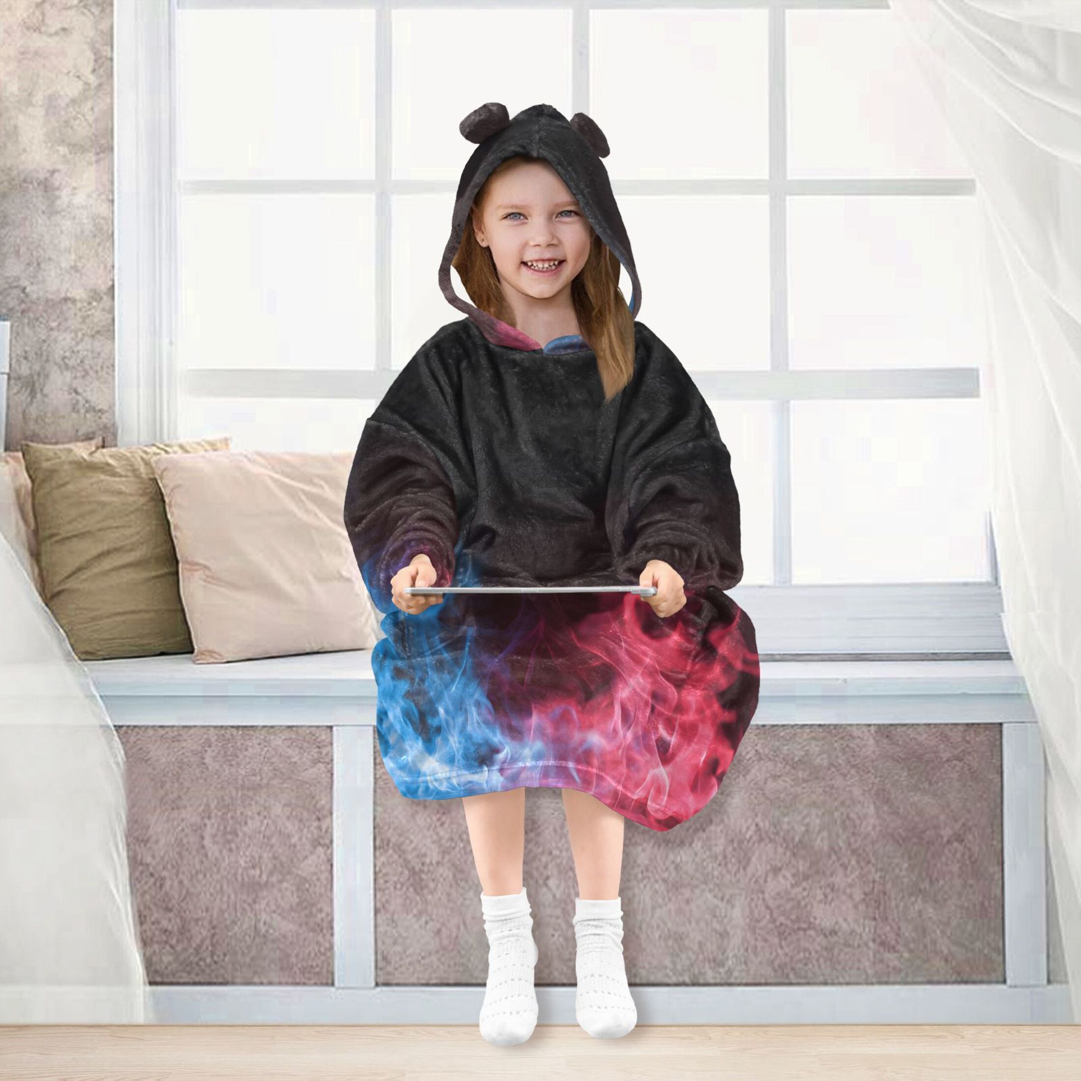 joogoo Wearable Blanket Hoodie Red Blue Flames for Flannel Sherpa Pocket 3-14 YR S