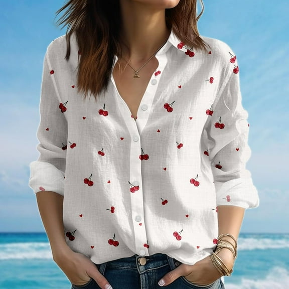 Cherry Blouse , Minimalist Fruit Women Shirt, Cute Summer Long Sleeve Shirt, Cottagecore Cusual Shirt, Button Down Shirt For Vacation, Gift For Her