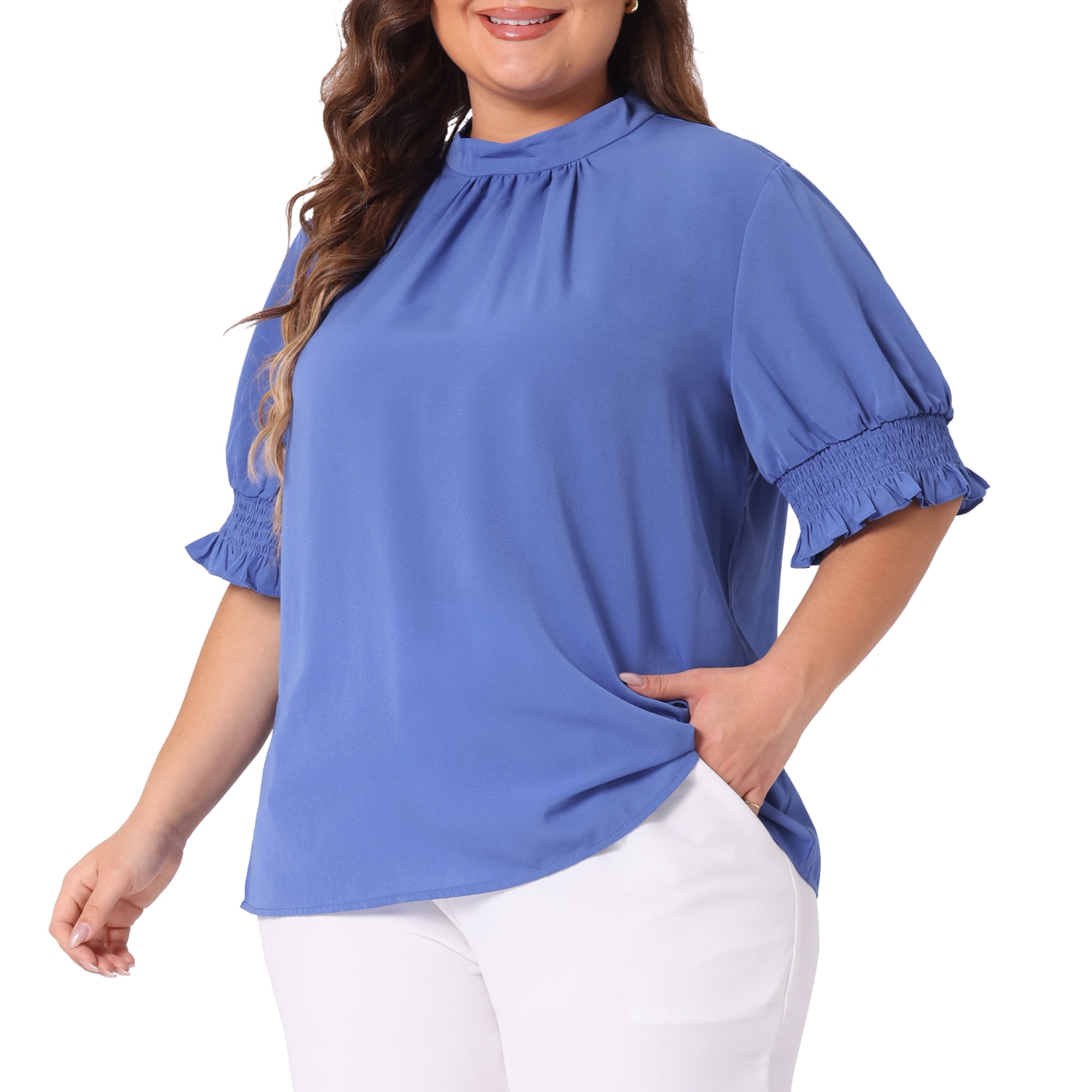 DARING DIVA Women's Plus Office Pleated Short Puff Sleeves Mock Neck Top 1X Blue