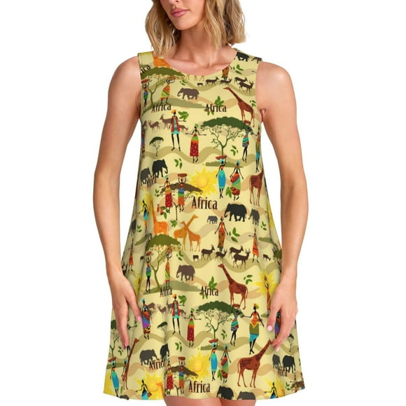 Bixox Ethnic African Print Women's Sleeveless A-Line Dress with Pockets, Casual Knee-Length Tank Dress for Summer-Large