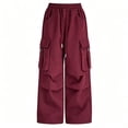 thumbnail image 5 of CYRBOKO Girls Cargo Pants with Pockets, Drawstring Casual Loose Fit Elastic Waist Wide Leg Pants Red Size 10-12 T, 5 of 5