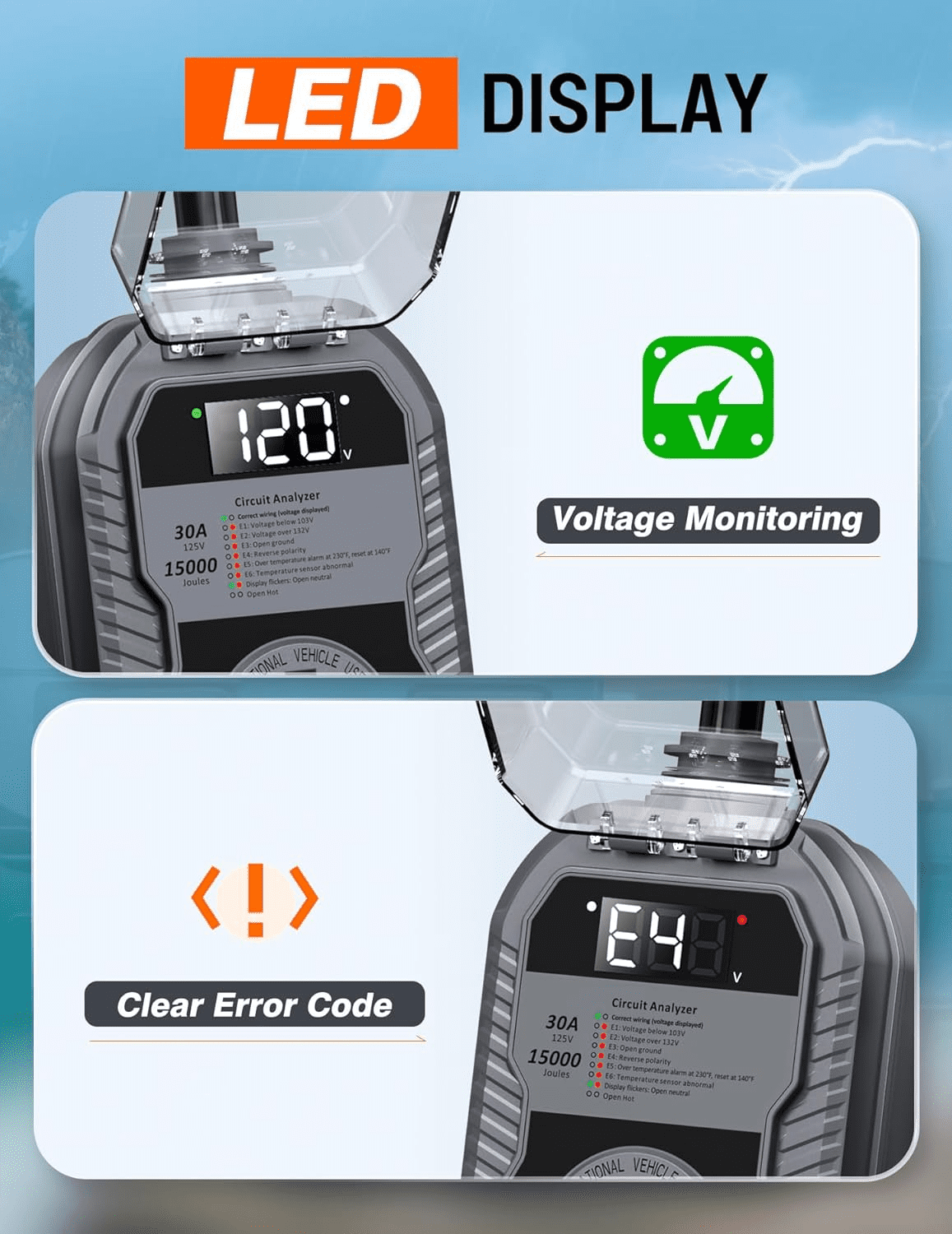 Mpow 15,000J RV Surge Protector 30 Amp with LED Display, 30 Amp RV Surge Protector with Voltage Monitoring, Clear Error Codes, Comprehensive Detection, IP68 Waterproof Cover