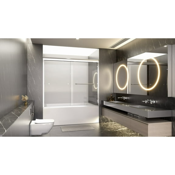 FuxinDecor 56"-60"Wx58" H Semi-Frameless Double Sliding Tub Door, Bypass Bathtub Shower, 1/4" (6mm) Thick SGCC Tempered Glass Door with Explosion-Proof Film, Chrome
