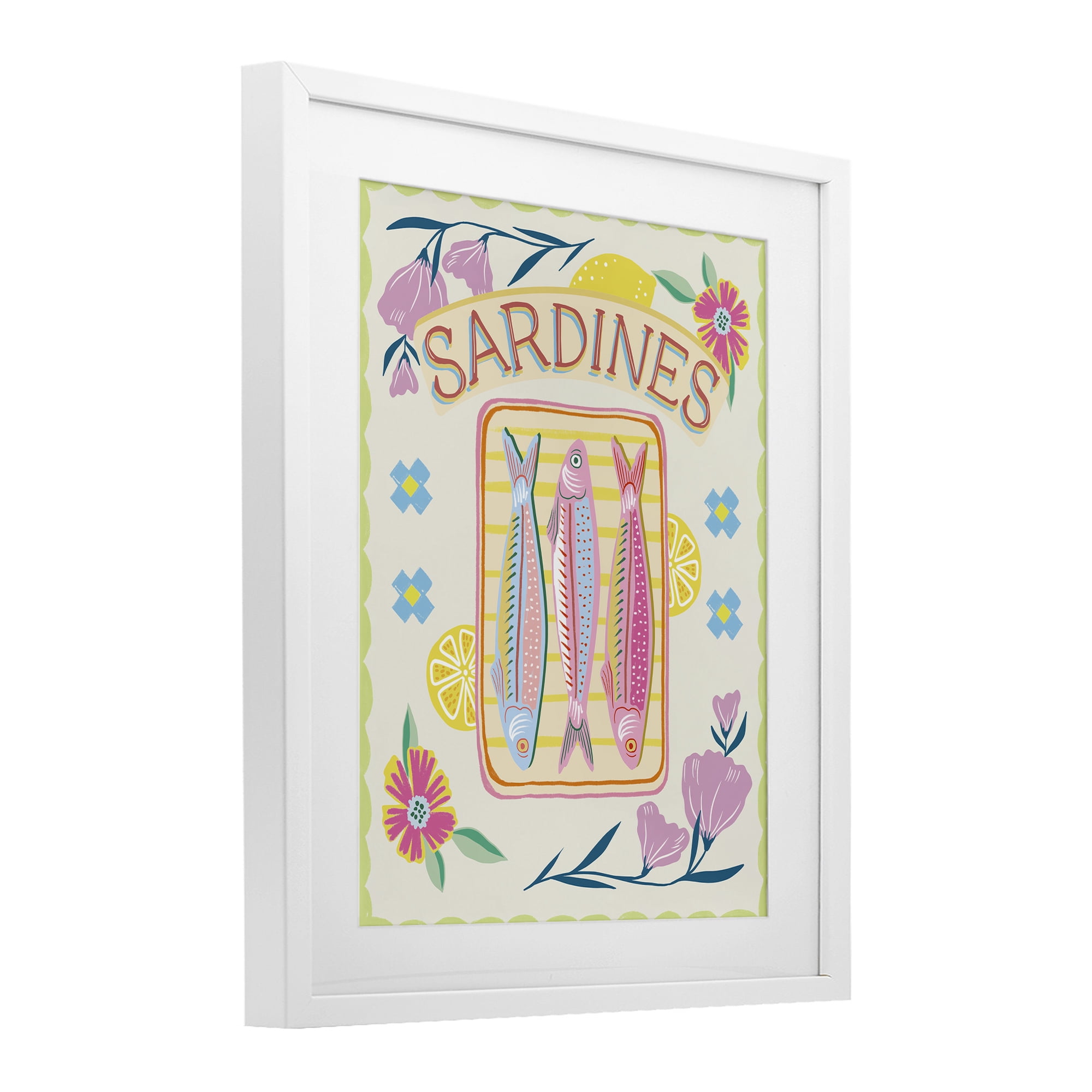 Stupell Industries Pastel Sardines & Flowers White Framed Print Under Glass, design by Jo Reid