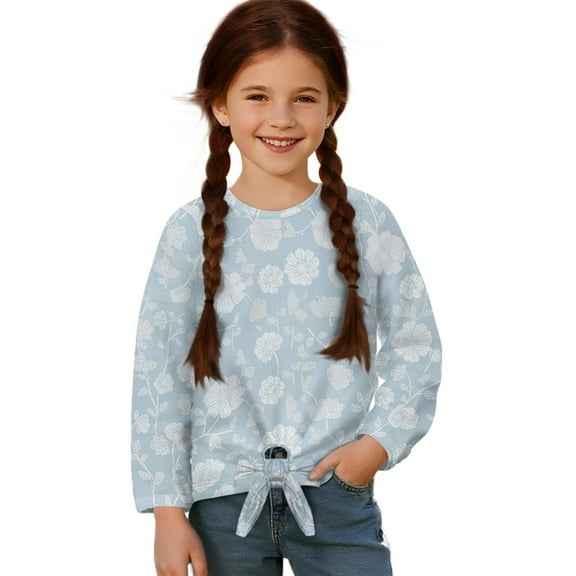 DISNIMO Girls Floral Lace Blouse Kids Long Sleeve Shirts with Tie Hem Soft Crewneck Pullover Tops Casual Loose Tunic Blouse Shirt